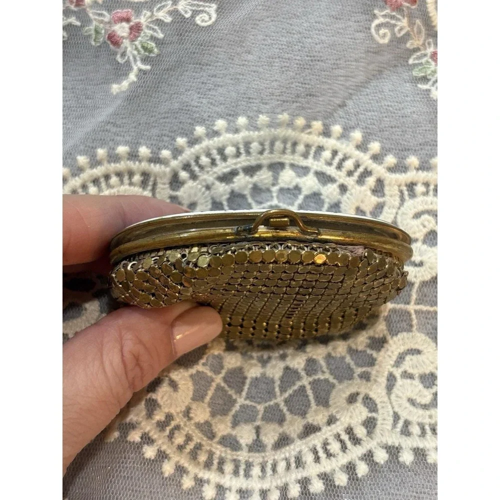 Vintage Guilloche Enamel Powder Compact Blue Pink Rose Gold Tone Vanity Mirror